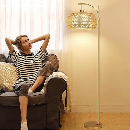 ZECOXOL Gold Floor Lamps for Living Room Rattan Boho Floor Lamp with Remote Control & 3 Color Temperature,Dimmable Arc Floor Lamps Brass Standing Lamp Tall Floor Lamp for Bedroom Living Room Corner