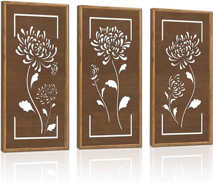 KAIRNE Floral Wooden Wall Art,Boho Flower Farmhouse Decor Set of 3(16X8),Brown Vintage Wood Hanging Decor,Bohemian Framed Wall Art,Retro Design for Living Room Bedroom Office Decor