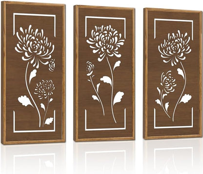 KAIRNE Floral Wooden Wall Art,Boho Flower Farmhouse Decor Set of 3(16X8),Brown Vintage Wood Hanging Decor,Bohemian Framed Wall Art,Retro Design for Living Room Bedroom Office Decor