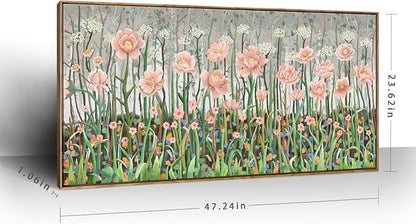 Large Framed Country Living Room Wall Art, Modern Pink And Green Wildflower Canvas Artwork, Natural And Idyllic Landscape Print Picture For Bedrooms, Dining Rooms, Offices, And Studies. 48X24 Inches.
