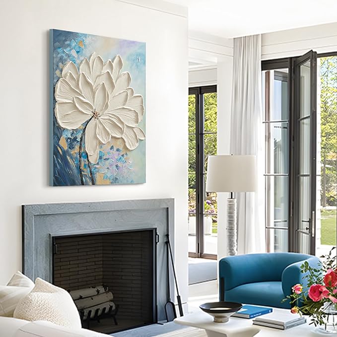 JUHOME Abstract Floral Wall Art – 24x36 Original Hand-Painted White Textured Flower Oil Painting, Modern Vertical Canvas Wall Decor Minimalist Canvas Wall Art for Living Room Bedroom Office