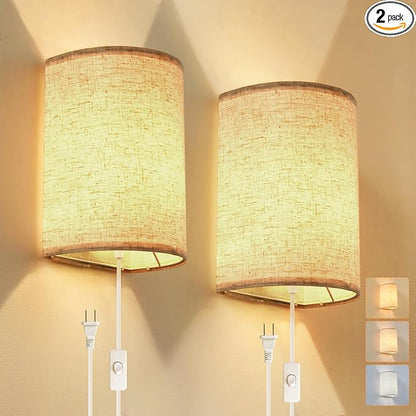 Plug in Wall Sconce, 3 Colors Wall Sconces Set of Two, Industrial Plug in Wall Light, Wall Sconce Lighting On/Off Switch Vintage Wall Lamp for Bedroom Living Room Hallway Porch