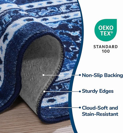 Lessymo 6FT Washable Round Area Rugs for Living Room, Non Slip Circle Rugs Low Pile Vintage Carpet for Bedroom, Dining Room, Nursery, Home Office, Blue White