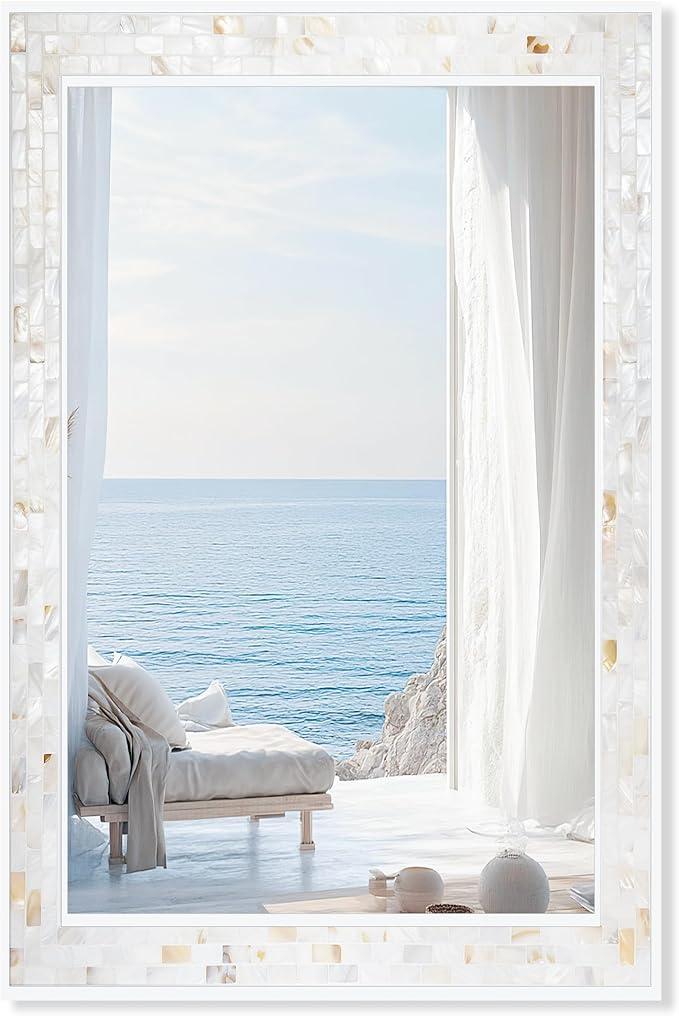 Tanmicoshomy White 24 x 36 Inch Rectangle Bathroom Mirrors for Wall, Natural Shell Inlay Mosaic Mirrors with Tempered Glass for Bedroom, Living Room or Entryway, Horizontal or Vertical Hanging