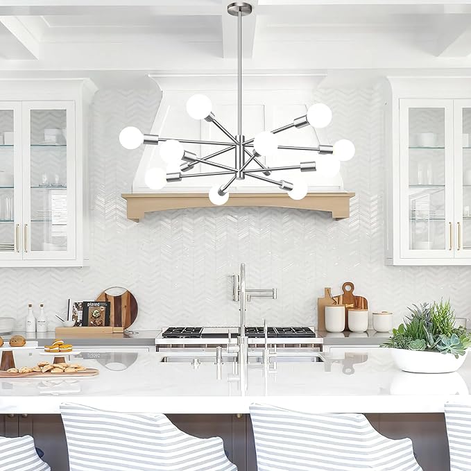 10.9"-52.3" Height Adjustable Modern Chandelier Ceiling Light Fixture, 12-Light Sputnik Chandeliers Brushed Nickel Mid Century Chandelier Over Table, Chandeliers for Dining Room (Bulbs Not Included)
