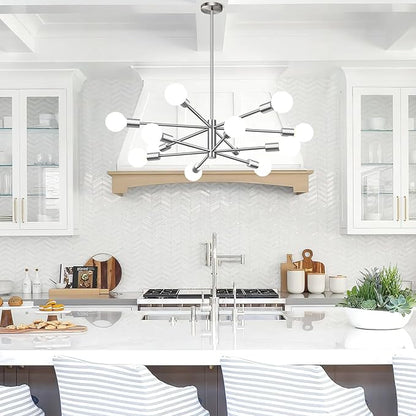 10.9"-52.3" Height Adjustable Modern Chandelier Ceiling Light Fixture, 12-Light Sputnik Chandeliers Brushed Nickel Mid Century Chandelier Over Table, Chandeliers for Dining Room (Bulbs Not Included)