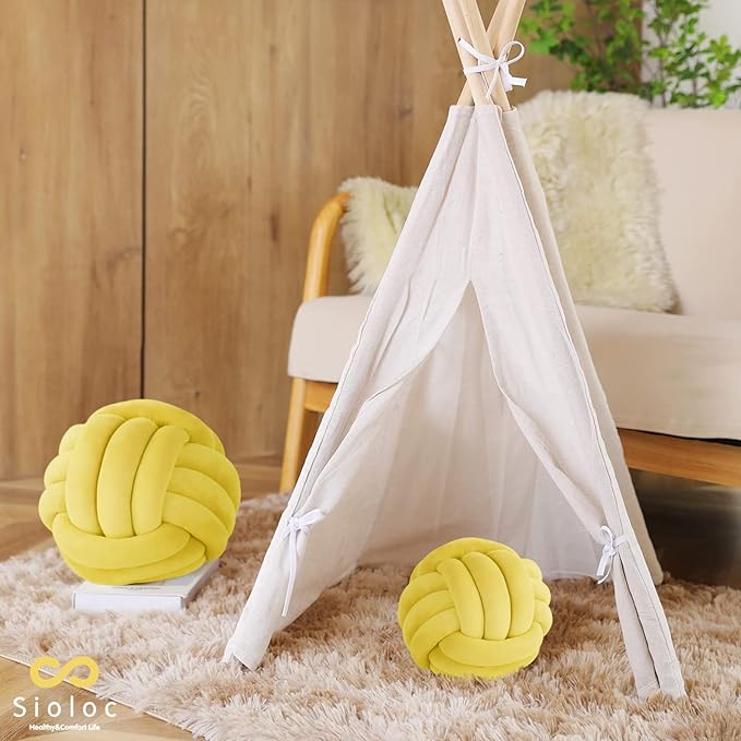 Sioloc Soft Knot Ball Pillows,Round Throw Pillow Cushion Home Decoration Plush Pillow,Throw Knotted Pillow Handmade Round Plush Pillow（13.7inches,Yellow）