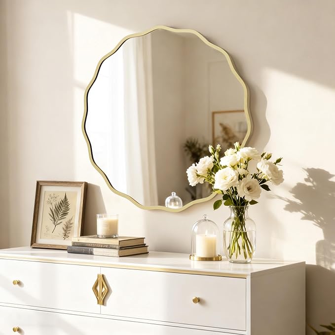 HOMECOOKIN 28" Wavy Round Wall Mirror, Gold Scalloped Circle Mirror Edge Round with Metal Frame, Modern Decorative Hanging/Leaning Mirrors for Bathroom, Hotels, Hallway, Entryway, Vanity, Office