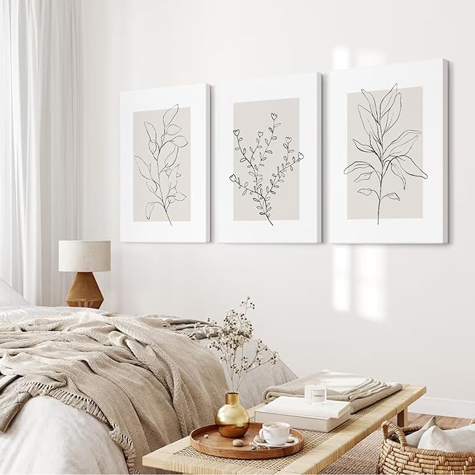 Youillne Neutral Botanical Prints Wall Art Decor Plant Minimalist Canvas Pictures Vintage Beige Wall Art Modern Farmhouse Line Poster Boho Abstract Painting Artwork for Bedroom 24x36 Inch Set of 3