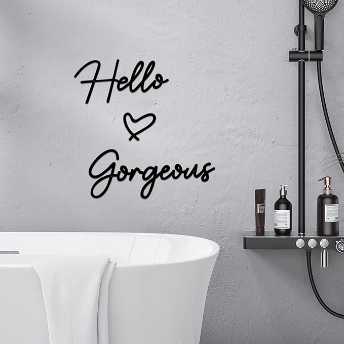 Hello Gorgeous Metal Wall Art Decor Minimalist Metal Words Hello Gorgeous Sign Farmhouse Decor for Home Bathroom Vanity or Makeup Room Living Room Bedroom Office Hotel Wall Decoration (Black)