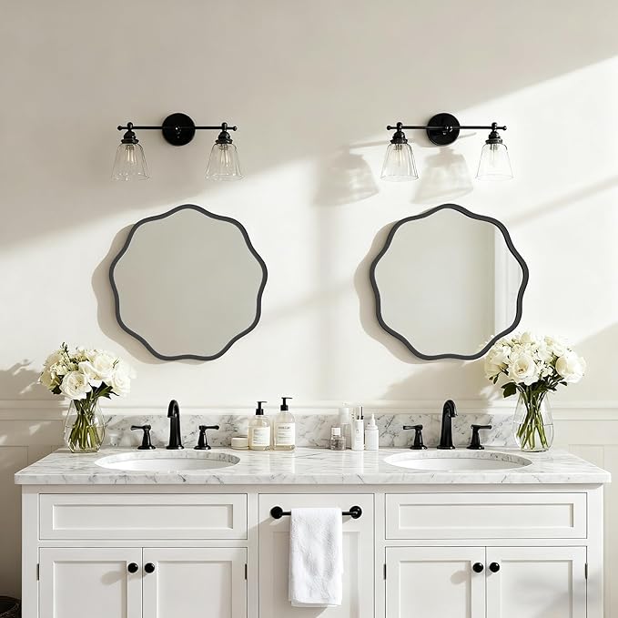 HOMECOOKIN 20" Wavy Round Wall Mirror, Black Scalloped Circle Mirror Edge Round with Metal Frame, Modern Decorative Hanging/Leaning Mirrors for Bathroom, Hotels, Hallway, Entryway, Vanity, Office