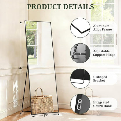 Mirror Full Length 56"x15" Full Body Floor Mirror with Stand, Shatterproof Glass, Aluminum Alloy Frame, Free Standing Wall Mounted or Leaning Rectangle Mirrors for Bedroom Living Room Entryway