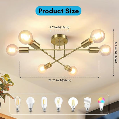 Modern Sputnik Chandelier 6-Light Industrial Ceiling Lights Fixture 22" Gold Semi Flush Mount Ceiling Light with E26 Base Sputnik Lights Fixture for Dining Room Bedroom Foyer Hallway Living Room