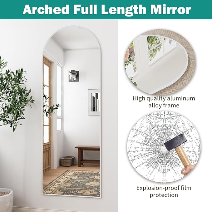 57"x20" Arched Full Length Mirror, Full Floor Mirror with Stand, Large Full Body Mirrors, Wall Mirrors for Bedroom Living Room, Aluminum Frame (White)