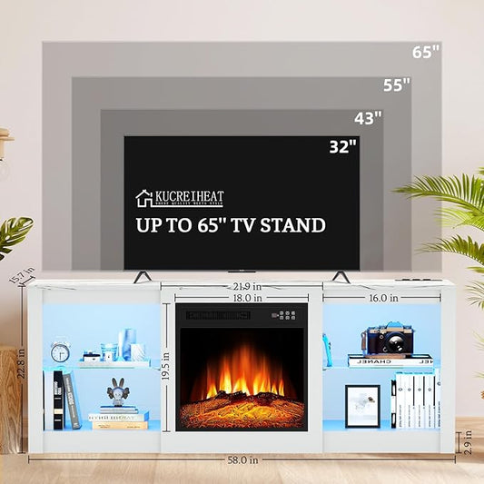Kucreiheat 58 inch TV Stand with Fireplace-Entertainment Center with LED & Outlet for 65 inch TV-White Media Console with Adjustable Glass Shelves, Modern TV Table for Living Room/Bedroom