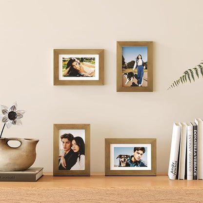 Egofine 4x6 Frames Set of 4, Made of Solid Wood Covered by Plexiglass 3x4.5 and 3.5x5 with Mat or 4x6 without Mat, for Table Top Display and Wall Mounting Photo Frame, Light Brown