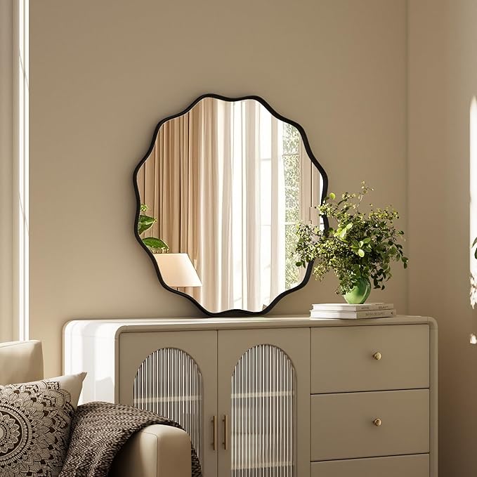 Round Wavy Mirror - 24 Inch Bathroom Vanity Mirror Metal Frame Circle Wall Mounted Mirror for Bedroom Living Room Entryway, Black