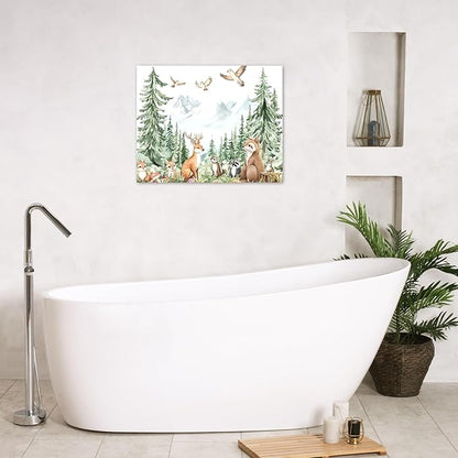 LB Nursery Woodland Canvas Wall Art - Watercolor Forest Animals with Deer Raccoon Squirrel Bird, Mountain & Tree Artwork for Kids Room Bedroom Playroom Decor Framed Ready to Hang 16L x 20W