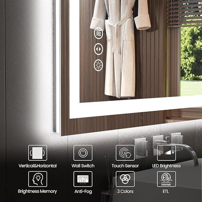 Snowdool 28"X36" LED Bathroom Mirror with Front Lights and Backlit, Anti-Fog, Dimmable, Shatter-Proof Tempered Glass, Lighted Bathroom Vanity Mirror for Wall with 3 Colors, Memory Function