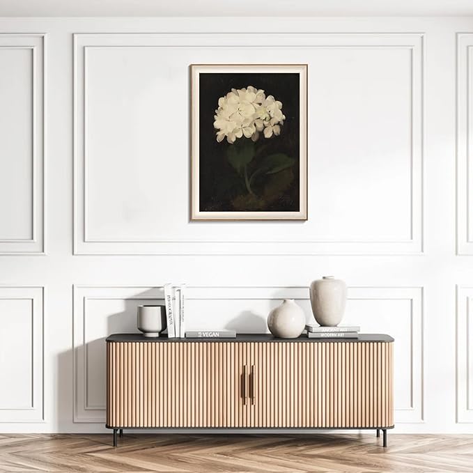 Framed Flower Wall Art, Vintage White Hydrangea Still Life Floral Art Prints, Moody Vintage Canvas Oil Painting, Antique Botanical Floral Wall Decor Pictures for Bedroom, Kitchen, Shelf, Bathroom Wall Decor - 16x24Inch