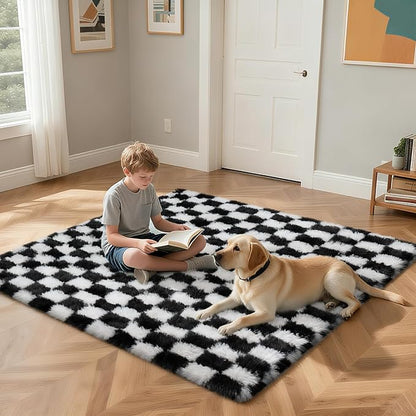 Checkered Rug for Living Room, 6x9 Black and White Area Rugs, Classic Checkered Carpets Shag Area Rug, Bedside Rugs for Living Room Bedroom Kids Room Home Decor