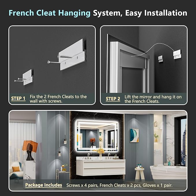 48x28 LED Bathroom Mirror with Lights, Backlit and Front Lit Anti-Fog Lighted Vanity Mirrors for Bathroom Wall, Dimmable, 3-Color Light, Memory, Shatter-Proof, HD Tempered Glass, CRI＞90