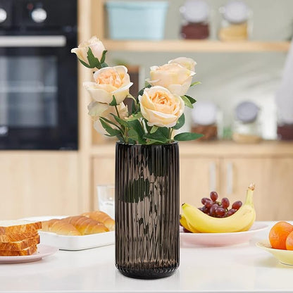TIMEFOTO Flower Vase 10 inch Amber Thickened Hand Blow Glass Vase Round Vintage Striped Bottles for Bookshelf,Dinner Table,Indoor Office Desktop,Meeting Room,Bathroom,Home