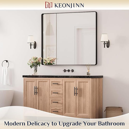 Keonjinn Black Bathroom Mirror for Over Sink, 42 x 36 Inch Large Rounded Rectangle Bathroom Vanity Mirror, Matte Black Sandblasted Finish, HD Tempered Glass, Seamless Aluminum Alloy Frame Mirror