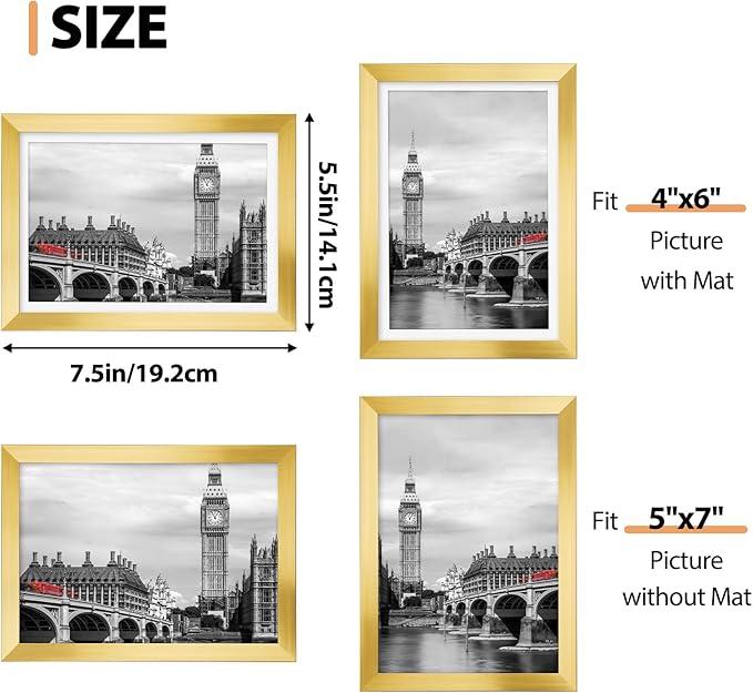 Fixwal 5x7 Picture Frame Set of 6 with Shatter Resistant Plastic Glass, Thin Border and Light Weight Photo Frames for Wall or Tabletop Display, Gift for Mother's Day, Father's Day, Graduation, Gold