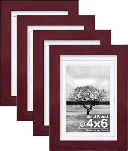 Egofine 4x6 Frames Set of 4, Made of Solid Wood Covered by Plexiglass 3x4.5 and 3.5x5 with Mat or 4x6 without Mat, for Table Top Display and Wall Mounting Photo Frame, Cherry Red