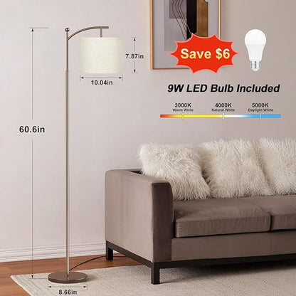 Ambimall 60" Floor Lamp for Living Room with 3 Color Temperatures, Adjustable Beige Shade with Brown Pole, Tall Lamp for Bedroom Office Classroom Dorm Room, 9W Bulb Included