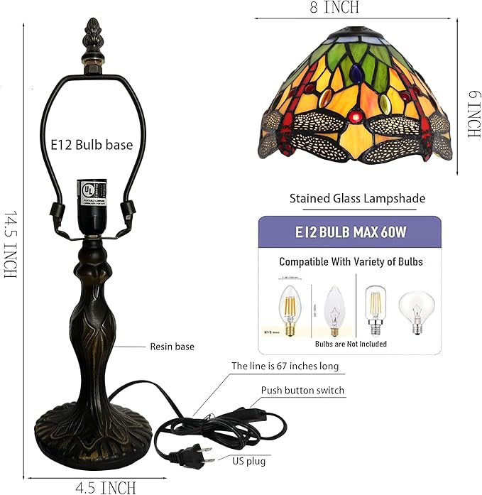 Tiffany Style Lamp Stained Glass Table Lamp 8 x 14.5 Mini Accent Light Yellow Dragonfly Design Small Decorative Bedside Reading Memory Lamp