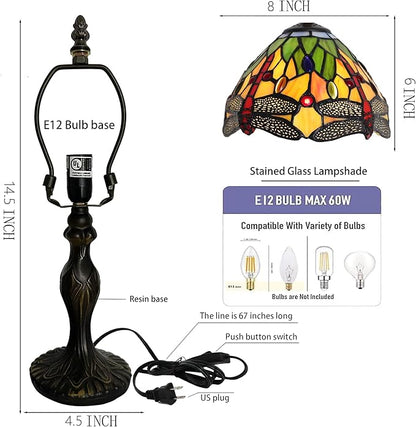 Tiffany Style Lamp Stained Glass Table Lamp 8 x 14.5 Mini Accent Light Yellow Dragonfly Design Small Decorative Bedside Reading Memory Lamp
