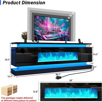 chartustriable 81IN LED TV Stands w/50 inch Fireplace Power Outlet for 90/85/80/75 Inch TVs,High Glossy Modern TV Media Console Gaming with 2 Storage Cabinets,Dual LED Lights,Black