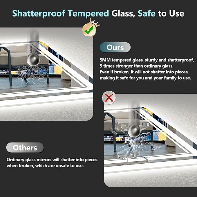 40x32 LED Bathroom Mirror with Lights, Backlit and Front Lit Anti-Fog Lighted Vanity Mirrors for Bathroom Wall, Dimmable, 3-Color Light, Memory, Shatter-Proof, HD Tempered Glass, CRI＞90