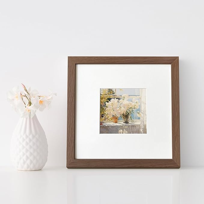 8x8 Picture Frames, Solid Oak Wood 8x8 photo Frame with Mat to 4x4, 8 x 8 Picture Frames for Wall and Tabletop Display, Natural Oak Frame, (Walnut Set of 3)