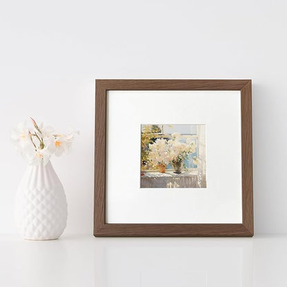 8x8 Picture Frames, Solid Oak Wood 8x8 photo Frame with Mat to 4x4(Openning Size is 3.5x3.5), Natural Oak 8x8 Picture Frames for Wall and Tabletop Display, (Walnut Set of 1)