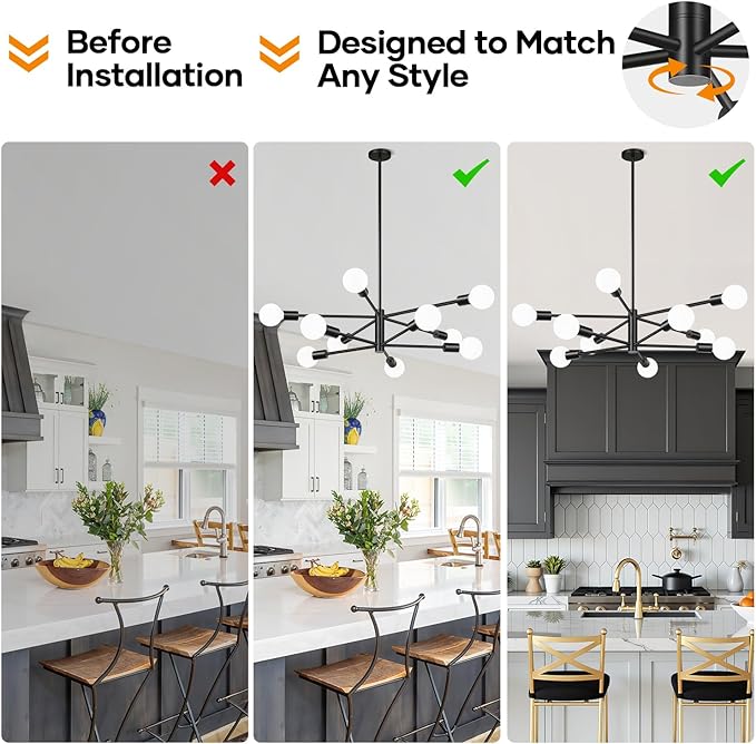 10.9"-52.3" Height Adjustable Sputnik Chandeliers Dining Room Light Fixture (10-Light, 32-Inch), Modern Black Chandelier, Mid Century Modern Chandeliers for Dining Room Kitchen (Bulbs Not Included)