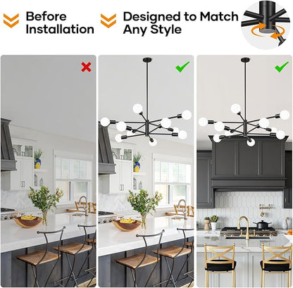 10.9"-52.3" Height Adjustable Sputnik Chandeliers Dining Room Light Fixture (10-Light, 32-Inch), Modern Black Chandelier, Mid Century Modern Chandeliers for Dining Room Kitchen (Bulbs Not Included)