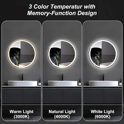 Sweetcrispy 24-Inch Round LED Bathroom Backlit Mirror with Lights, Circle Vanity Mirror with Anti-Fog, Dimmable, 3-Color Light, Memory Function, Tempered Glass