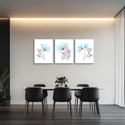 3 Piece Modern Blue Flowers Canvas Wall Art for Bedroom Living Room decor,Bathroom Wall Decor,3 Panels framed Wall Watercolor Painting Kitchen Home Decoration Canvas Print Artwork Wall Mural