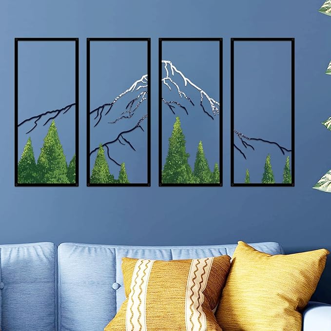ruelen 4 Pcs Metal Mountain Forest Snow Mountain Wall Decorations，Abstract Minimalist Line Drawing Colorful Mountains Wall Art Home Decor for Living Room Bathroom Bedroom Office（Green，Small）