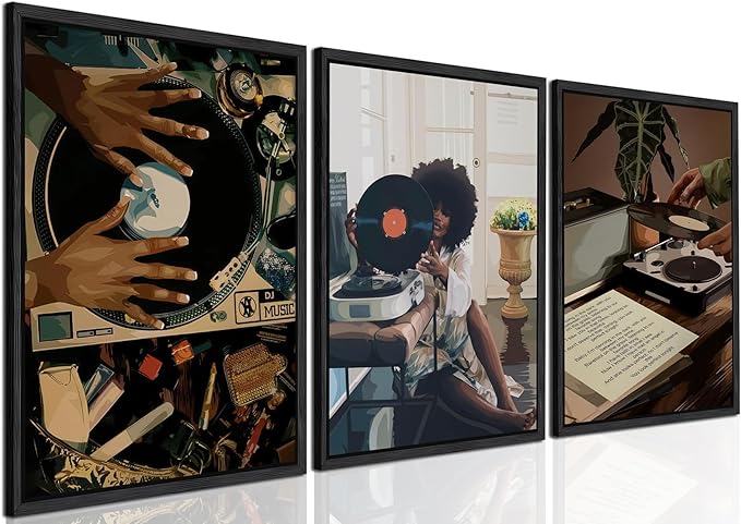 Black Girl Wall Art Decor Modern Black Woman Painting Prints, Set of 3 African American Music Record Player Poster Canvas Artwork for Bedroom Living Room 16x24 inch PS Framed