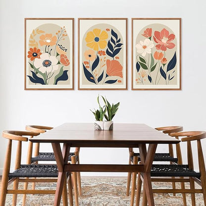 KAIRNE Boho Canvas Wall Art,Abstract Floral Wall Decor,Modern Minimalist Prints Set of 3(16”X24”),Botanical Wall Art Paintings,Bohemian Mid Century Artwork for Living Room Bedroom Office Decor,Framed