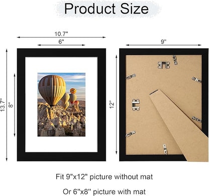 iRahmen 9x12 Picture Frame with Mat 6x8 - High Definition Tempered Glass Wooden Photo Frames for Tabletop Display and Wall Mounting (Pure Black, Set of 2)