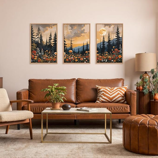 KAIRNE Mountain Wildflower Landscape Framed Canvas Wall Art Set,Vintage Moon Pine Tree Wall Decor,Rustic Forest Art Prints,Retro Scenery Artwork for Living Room,Bedroom,Farmhouse,Office-16 x24 x3