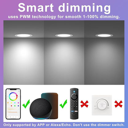 SikSog Smart Recessed Lighting 4 Inch RGBCW Color Changing 12W LED Downlight with Junction Box,1100 Lumen Recessed Ceiling Light Compatible with Alexa,Dimmable by Bluetooth Control -6Pack