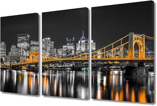 TUMOVO 3 Piece Pittsburgh Nighttime Lightscape Canvas Wall Art American Skyscrapers Cityscape Wall Decor Living Room Nighttime Lightscape Wall Decor for Bedroom Framed Ready to Hang (36" Wx24 H)