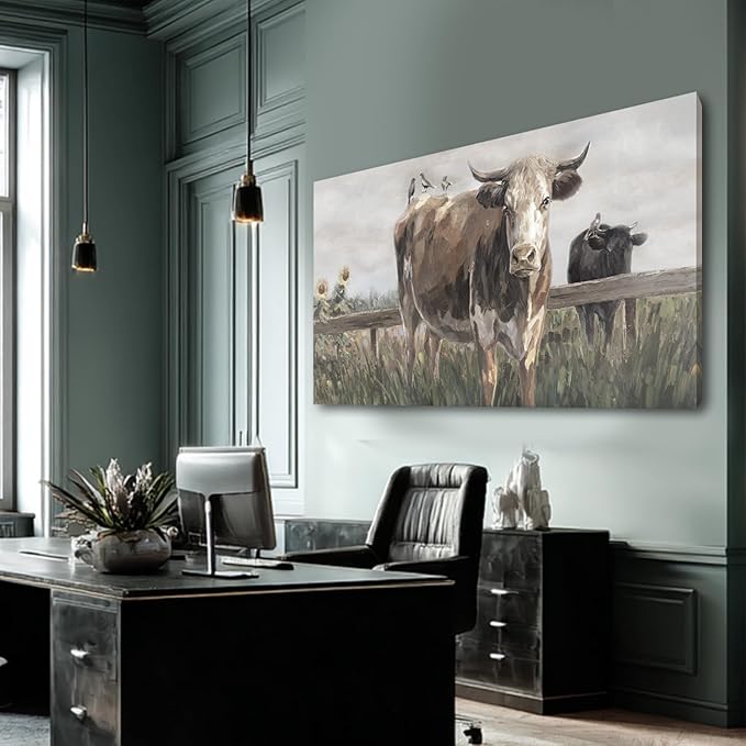 ZENPEE Large Brown and Black Cow Canvas Wall Art – Vintage Farmhouse Animal Decor for Bedroom, Bathroom, Office, Fireplace & Kitchen, 29 x 58 Inch