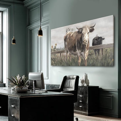 ZENPEE Large Brown and Black Cow Canvas Wall Art – Vintage Farmhouse Animal Decor for Bedroom, Bathroom, Office, Fireplace & Kitchen, 29 x 58 Inch